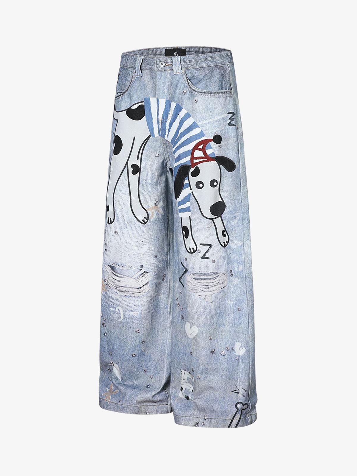 Cartoon Dalmatian Dog Graphic Distressed Washed Jeans