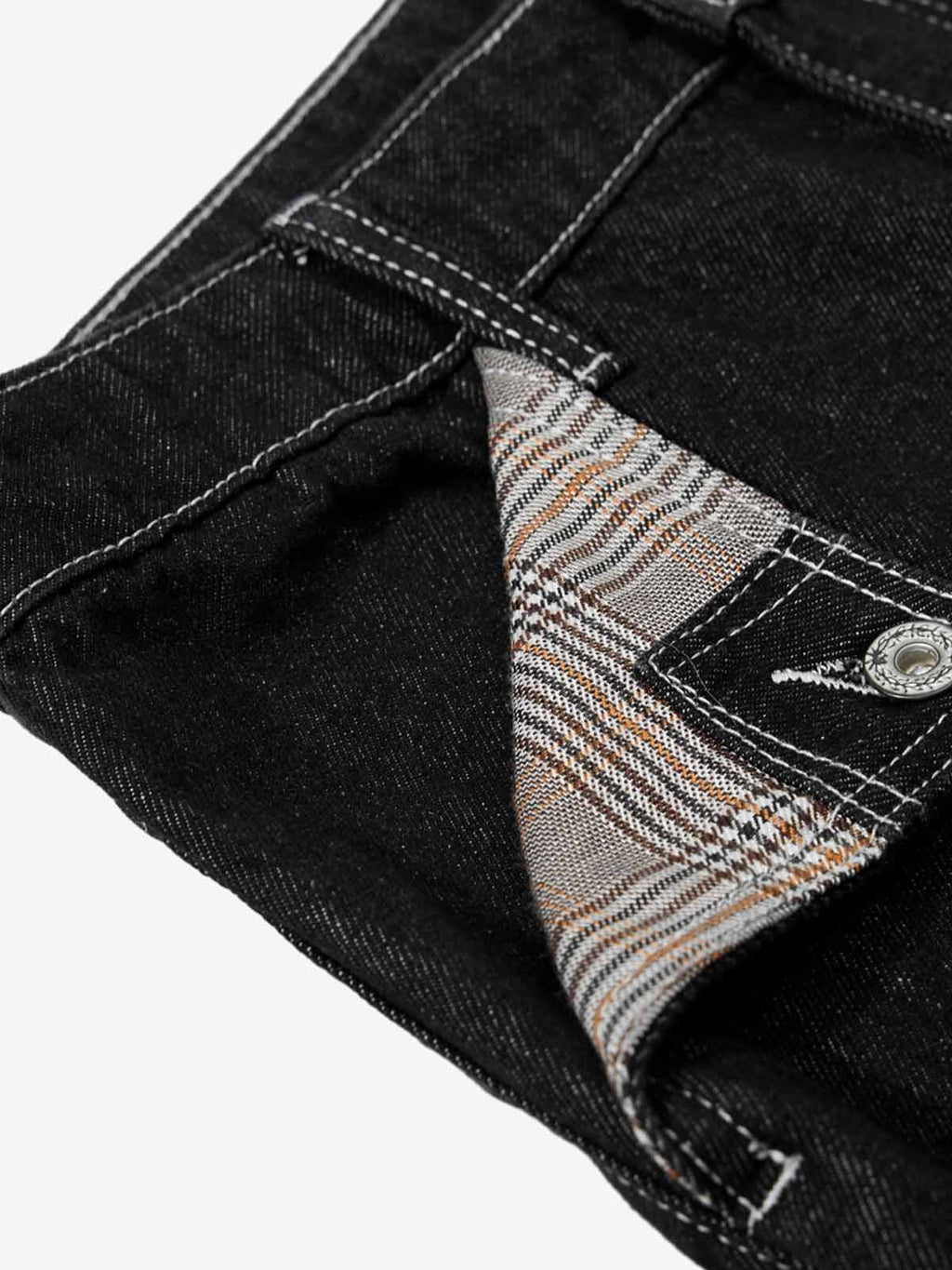 Vintage Plaid-Trim Tape-Belt Jeans