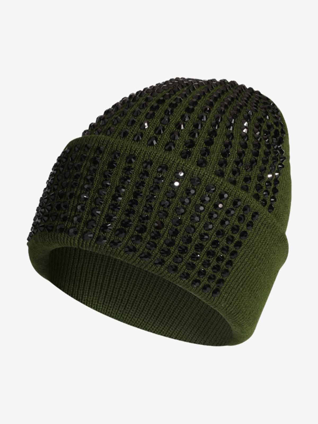 Rhinestone Embellished Ribbed Knit Beanie Hat