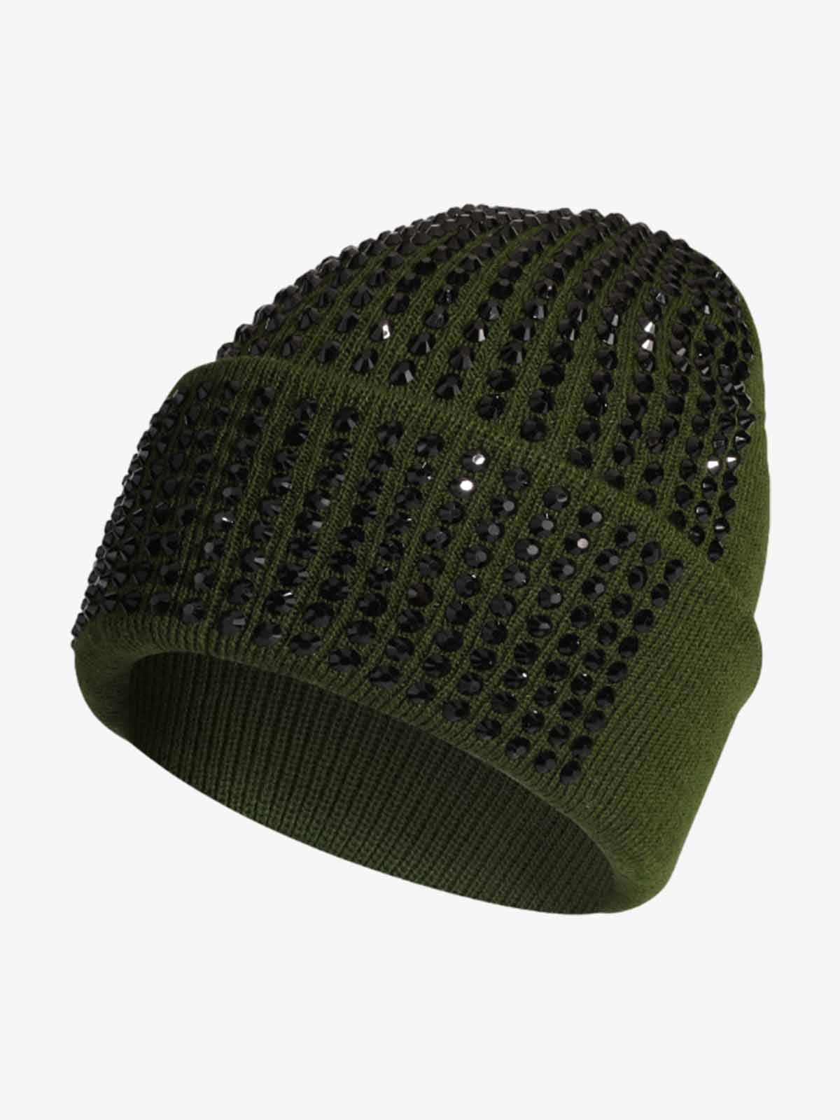 Rhinestone Embellished Ribbed Knit Beanie Hat