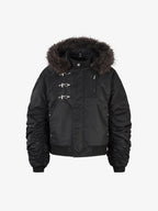 Detachable Faux Fur Collar Ruched Sleeve Bomber Jacket