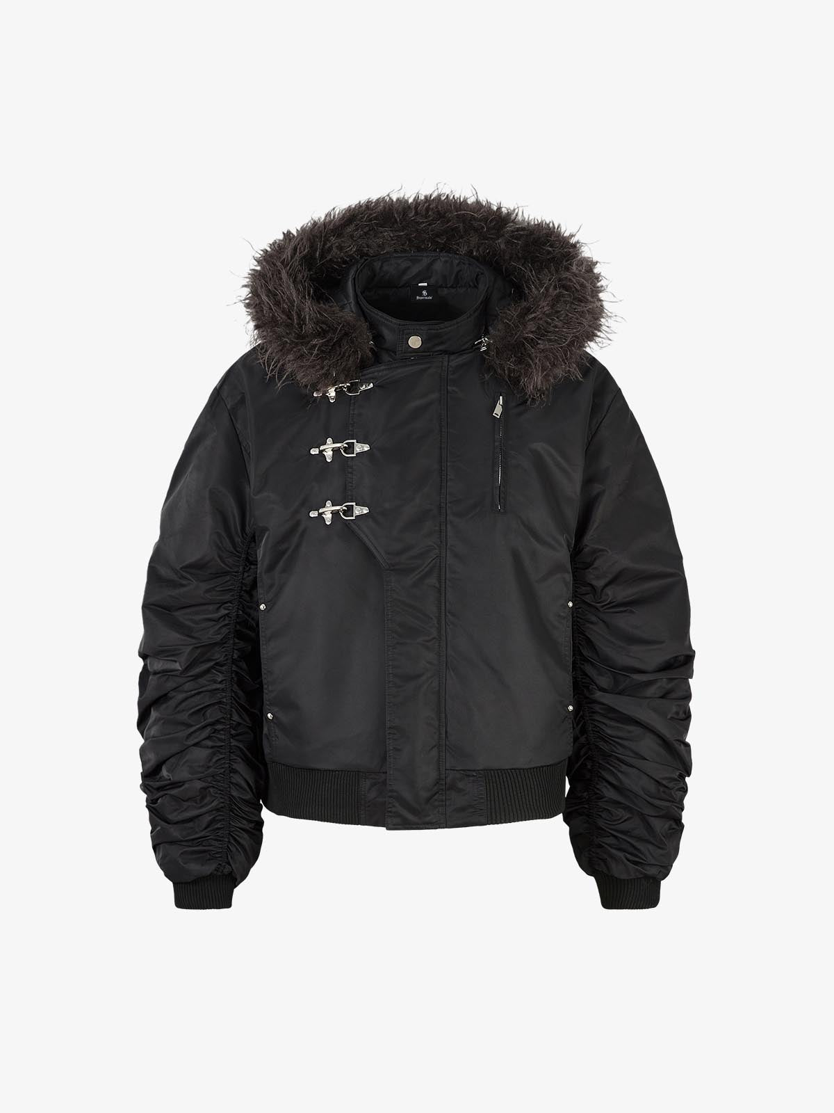 Detachable Faux Fur Collar Ruched Sleeve Bomber Jacket