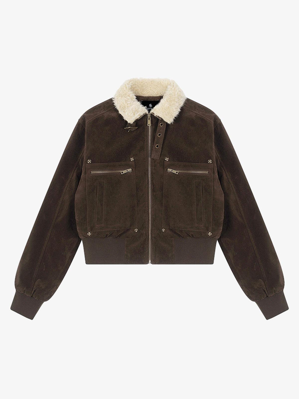 Utility Faux Shearling Collar Suede Look Zip Up Jacket
