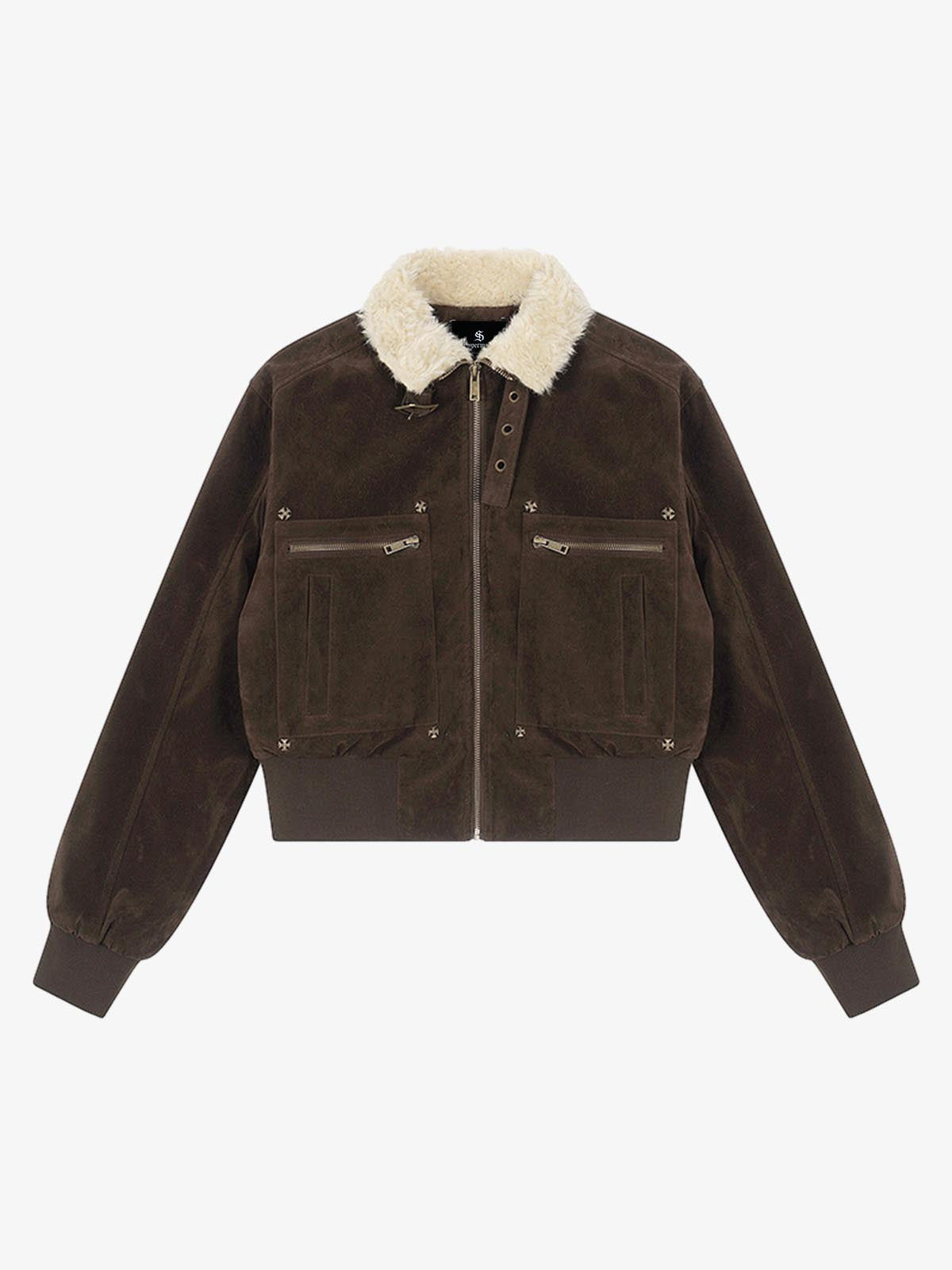 Utility Faux Shearling Collar Suede Look Zip Up Jacket