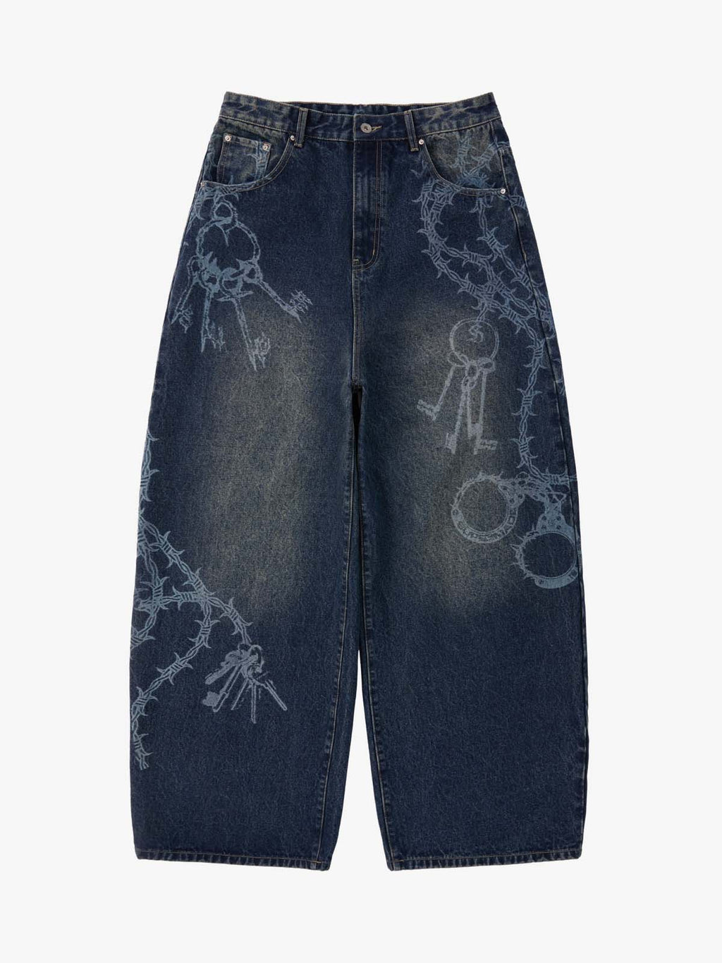Original Retro Thorn and Key Pattern Laser-Burnout Baggy Jeans - 2595