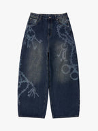 Original Retro Thorn and Key Pattern Laser-Burnout Baggy Jeans - 2595