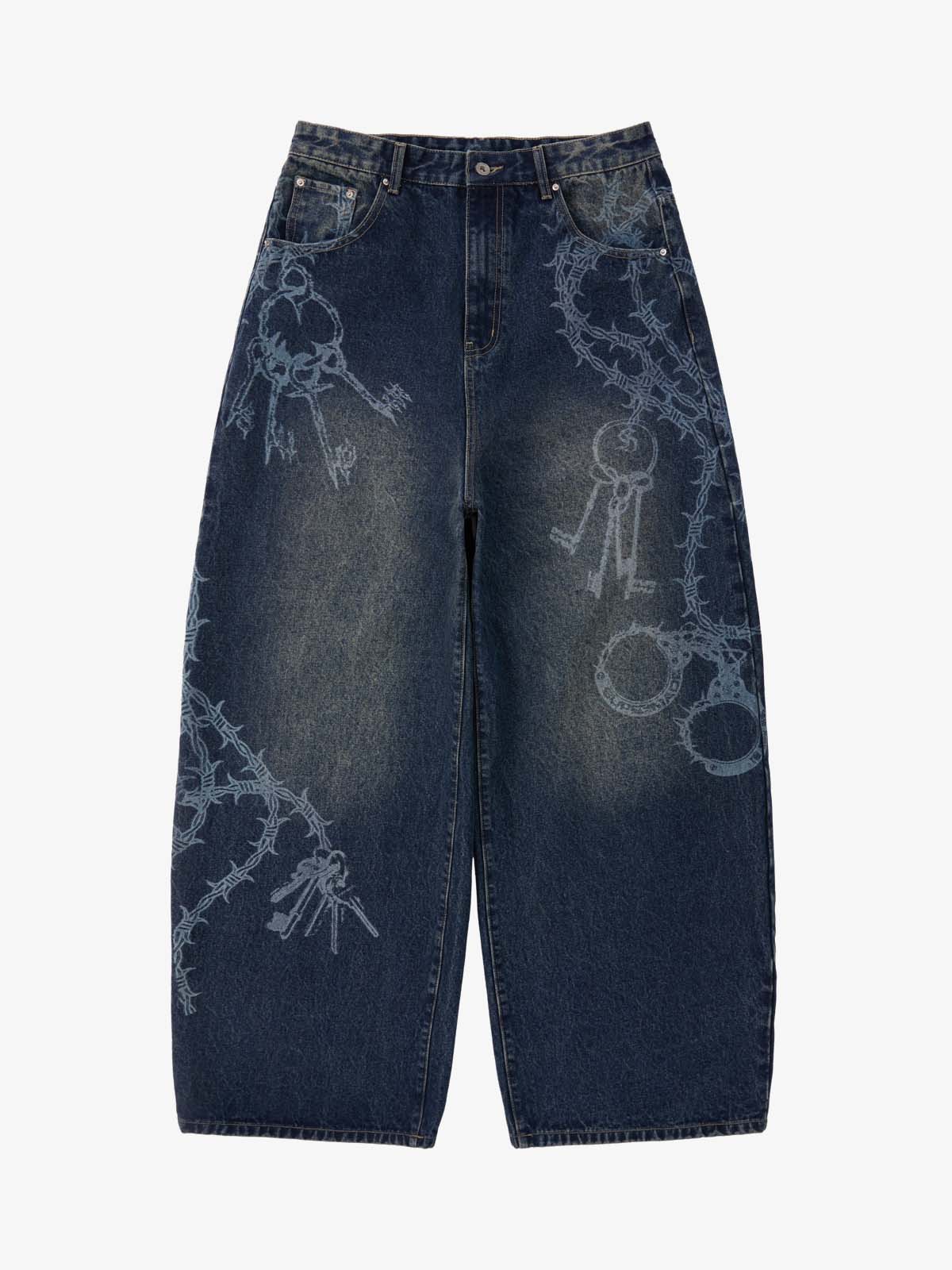 Original Retro Thorn and Key Pattern Laser-Burnout Baggy Jeans - 2595