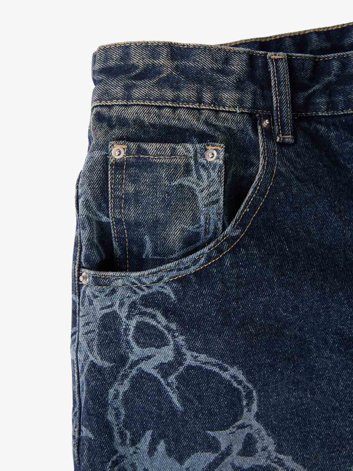 Original Retro Thorn and Key Pattern Laser-Burnout Baggy Jeans - 2595