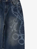 Original Retro Thorn and Key Pattern Laser-Burnout Baggy Jeans - 2595