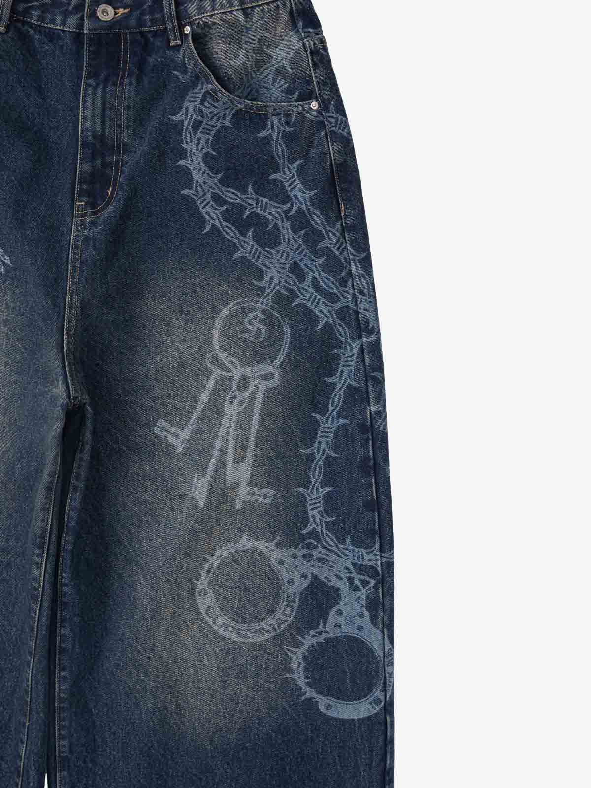 Original Retro Thorn and Key Pattern Laser-Burnout Baggy Jeans - 2595