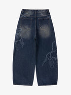 Original Retro Thorn and Key Pattern Laser-Burnout Baggy Jeans - 2595
