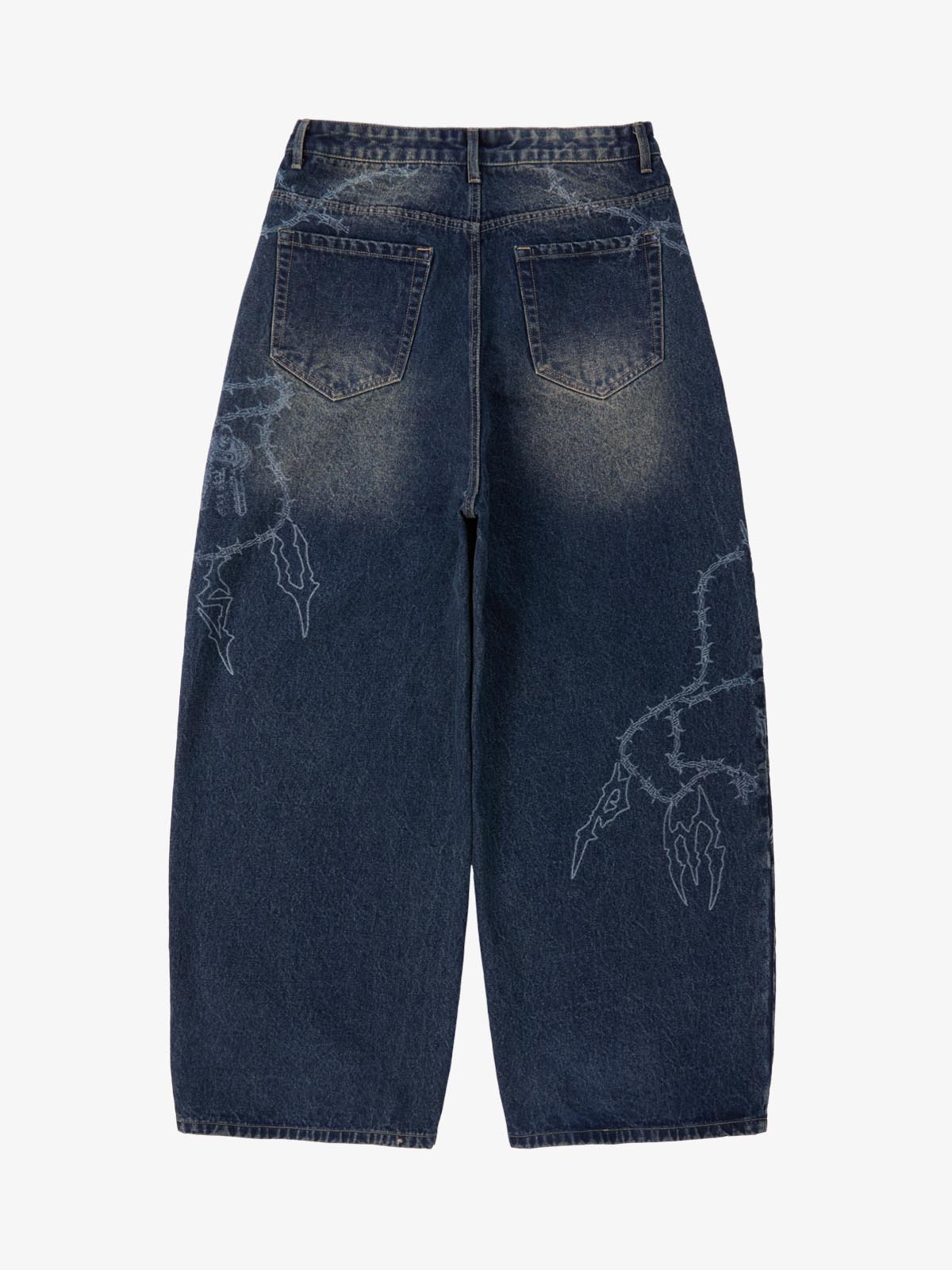 Original Retro Thorn and Key Pattern Laser-Burnout Baggy Jeans - 2595