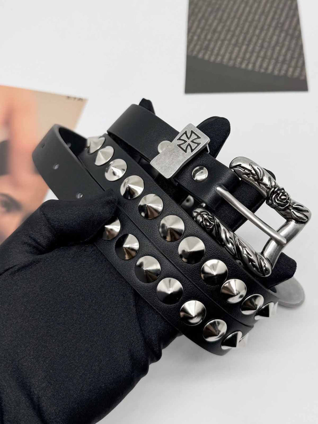 Gothic Cross Studded PU Leather Belt with Alloy Buckle