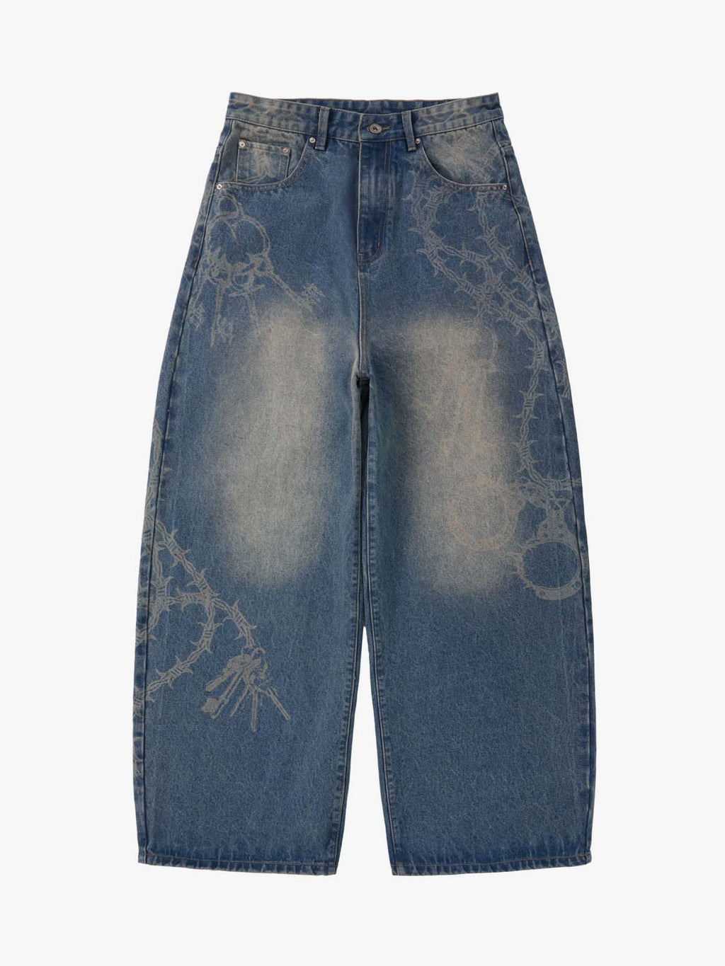 Original Retro Thorn and Key Pattern Laser-Burnout Baggy Jeans - 2595