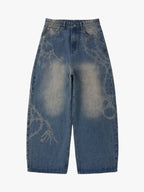 Original Retro Thorn and Key Pattern Laser-Burnout Baggy Jeans - 2595