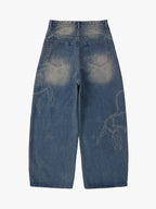 Original Retro Thorn and Key Pattern Laser-Burnout Baggy Jeans - 2595