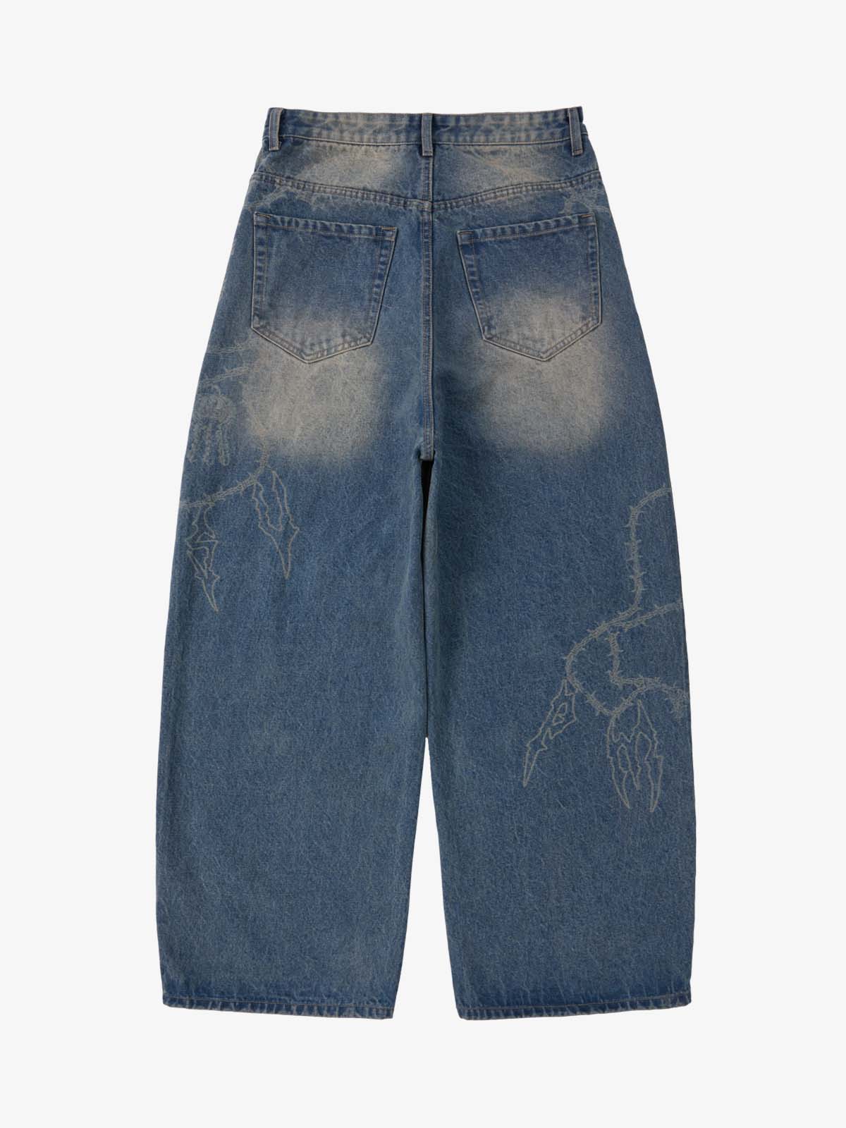 Original Retro Thorn and Key Pattern Laser-Burnout Baggy Jeans - 2595