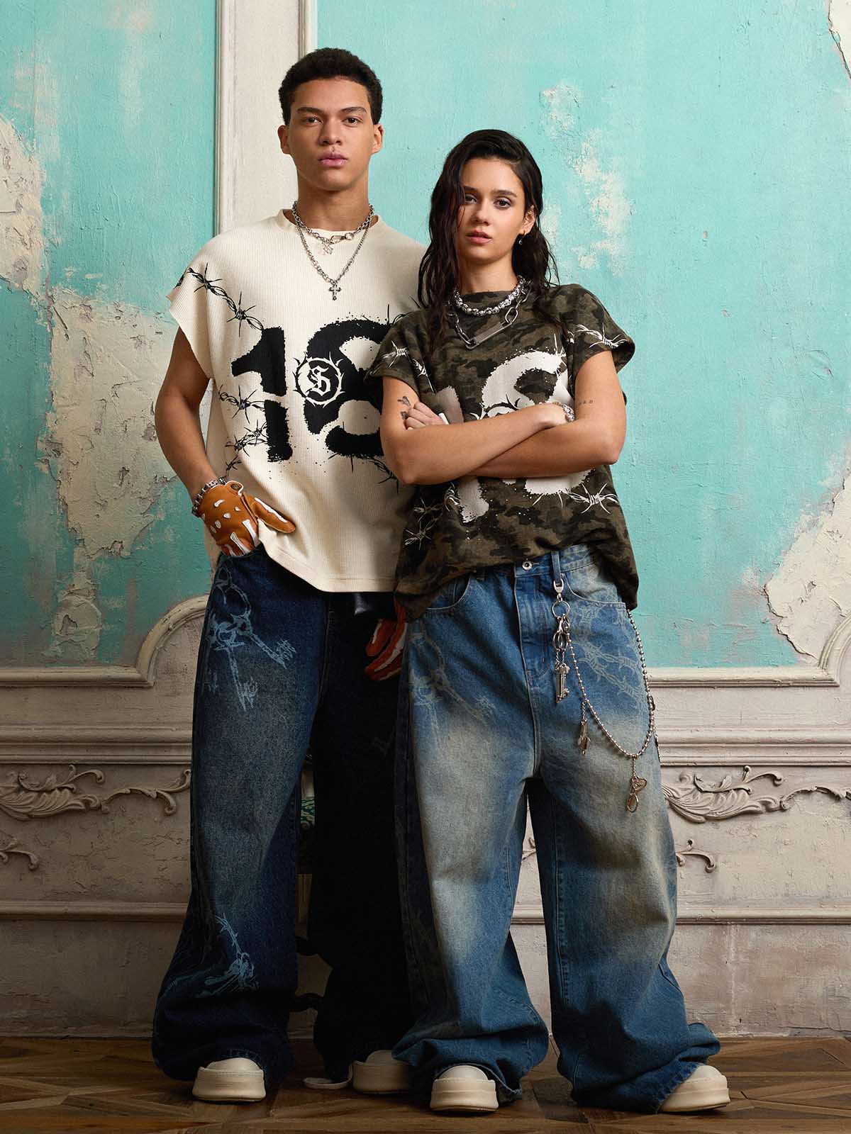 Original Retro Thorn and Key Pattern Laser-Burnout Baggy Jeans - 2595