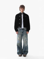 Vintage Suede Embroidered Metal Clip Down Jacket