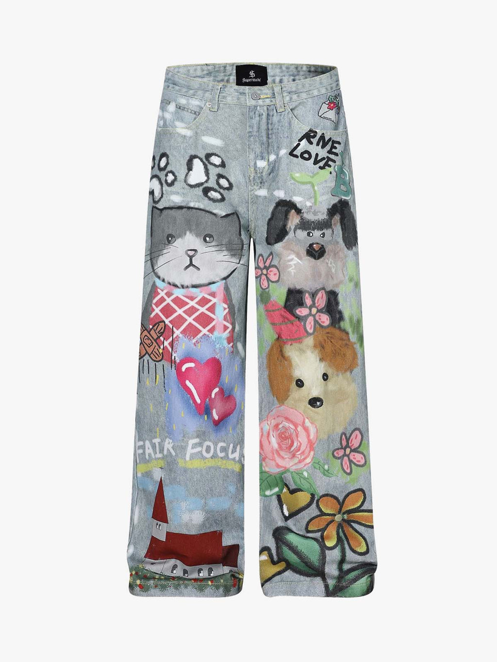 Graffiti Cartoon Animal Print Distressed Wide Leg Denim Jeans