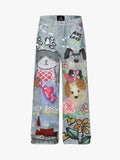 Graffiti Cartoon Animal Print Distressed Wide Leg Denim Jeans