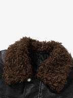 Vintage Detachable Fur Collar Quilted Leather Jacket - 2523