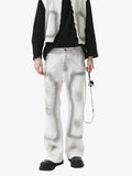 Spray Wash Distressed Straight Leg Denim Jeans
