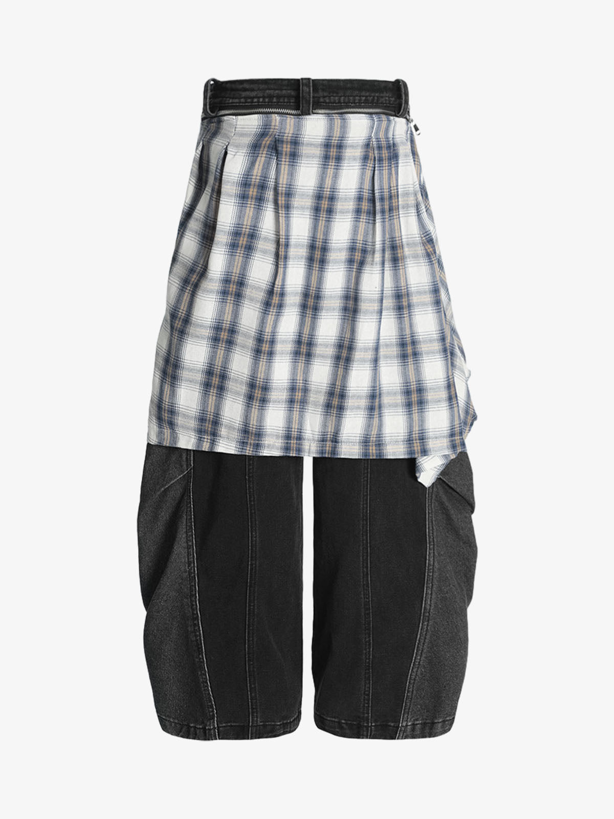 Denim Faux Two-piece Plaid Detachable Scimitar Jeans - 2435