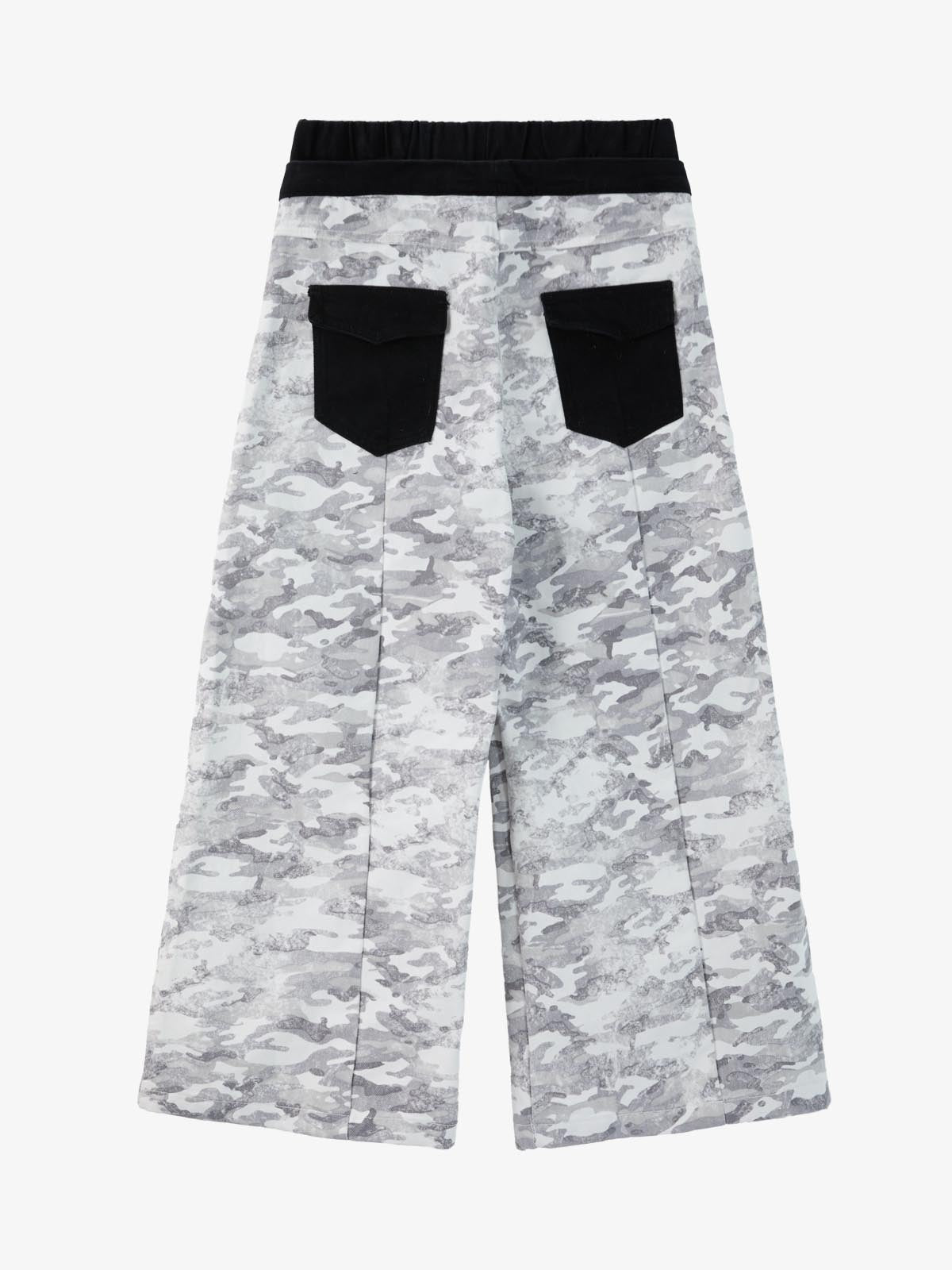 Camo Embroidered Double Waist Lace-Up Wide Leg Cargo Pants - 2599