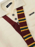 Retro Striped Contrast Panel Button-Up Collar Sweater