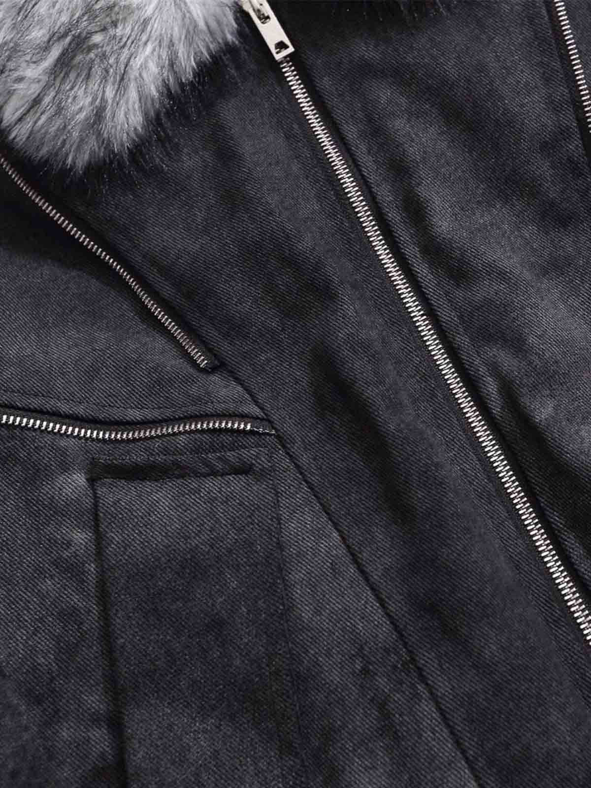 Fur Collar Moto-Style Zip Up Bomber Jacket