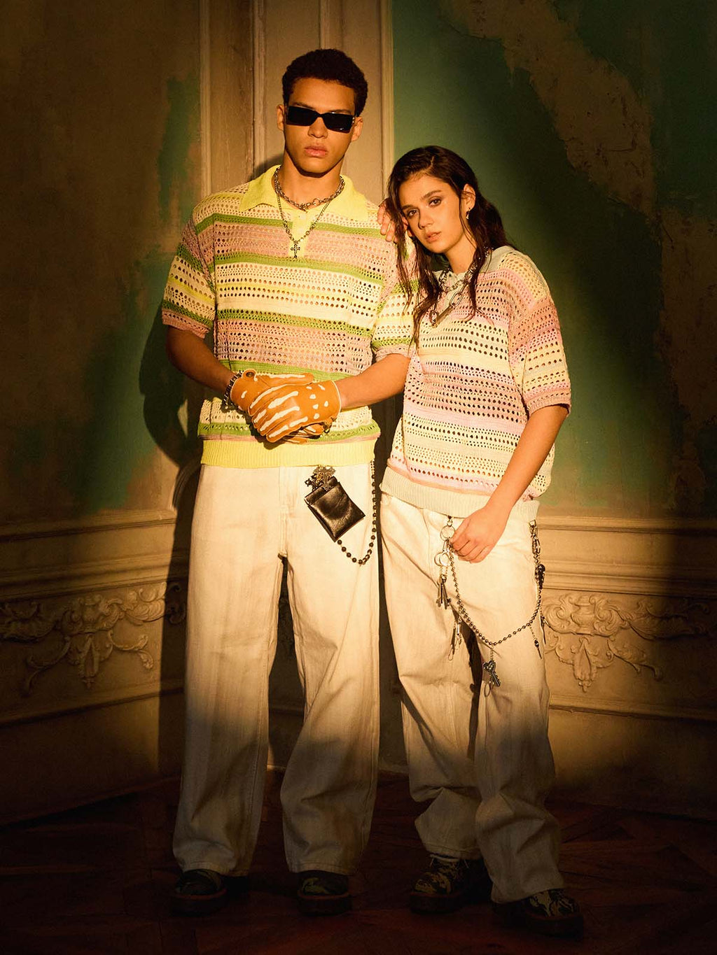 Pastel Striped Crochet Knit Short Sleeve Polo Shirt