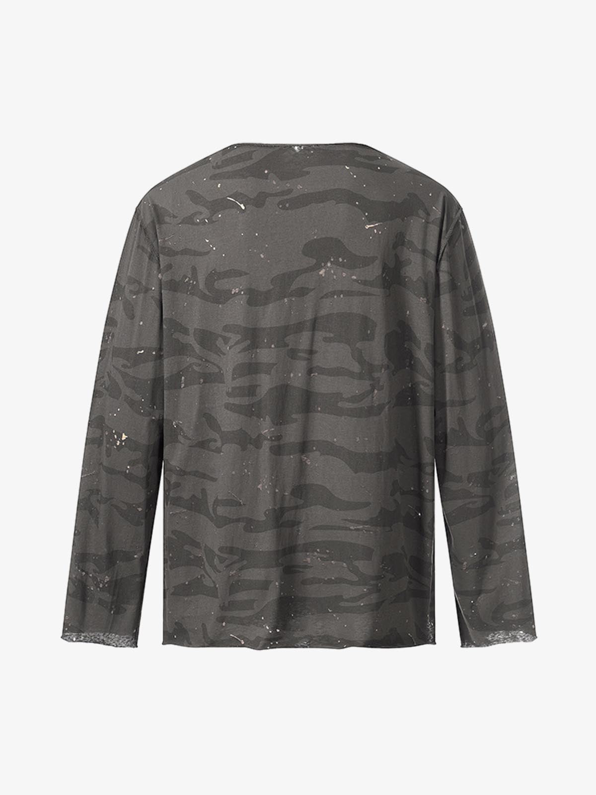 Distressed Camo Paint Splatter V-Neck Henley T-Shirt