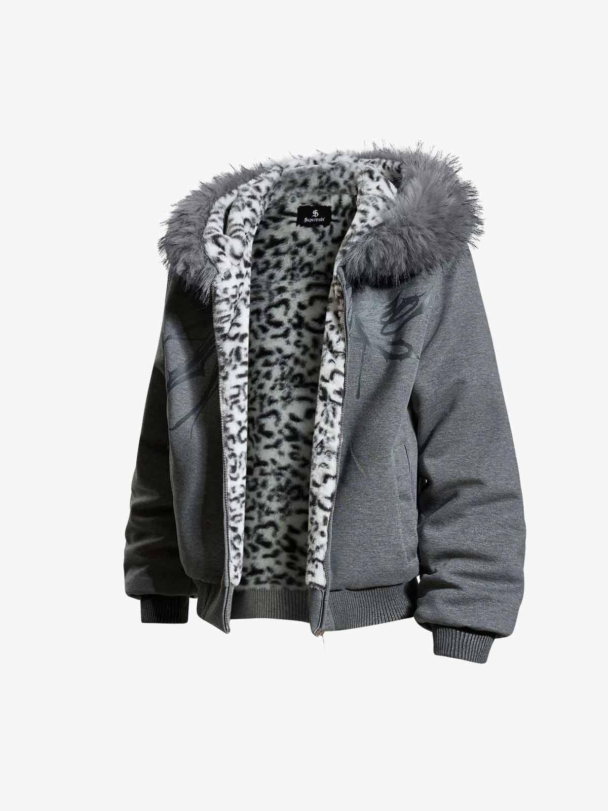 Vintage Faux Fur Hoodedd Leopard Lined Graphic Bomber Jacket