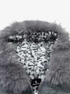 Vintage Faux Fur Hoodedd Leopard Lined Graphic Bomber Jacket