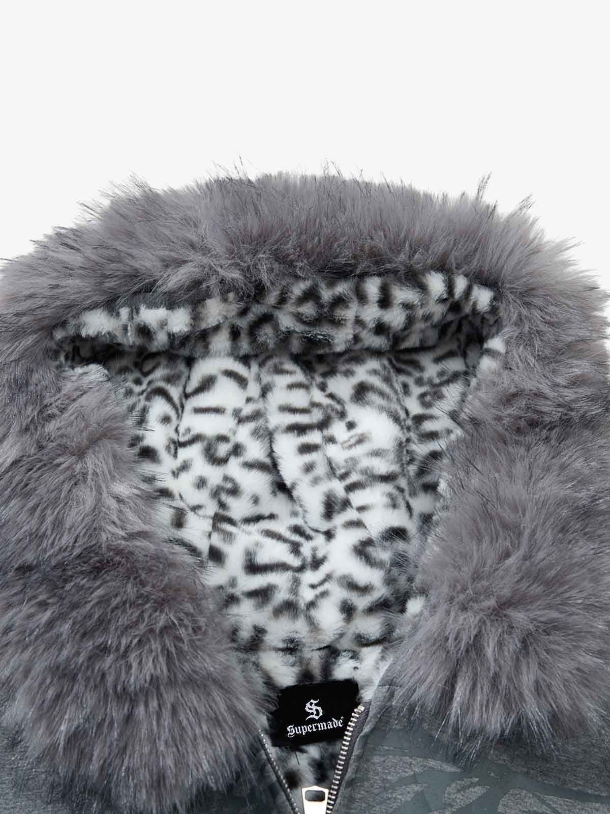 Vintage Faux Fur Hoodedd Leopard Lined Graphic Bomber Jacket