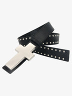 Cross Buckle Studded Black Leather Belt