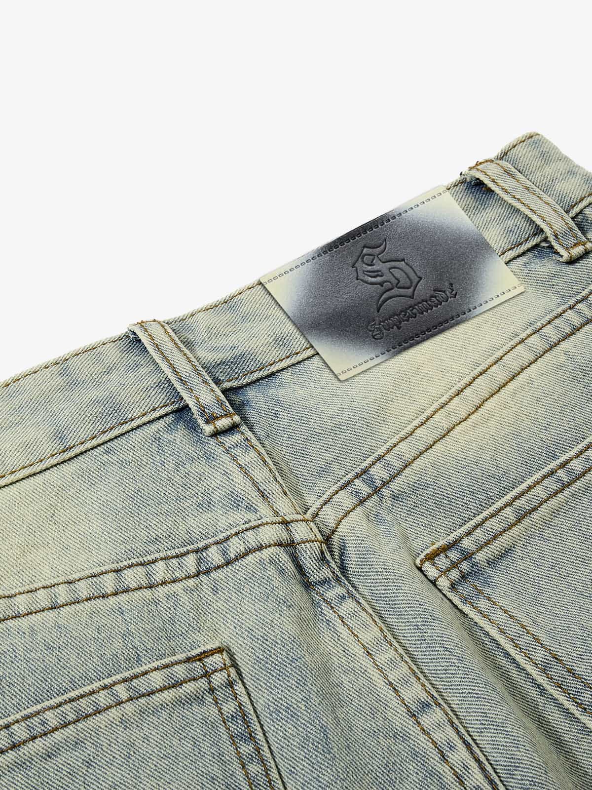 Vintage Washed Rivet-Detailed Wide Leg Jeans