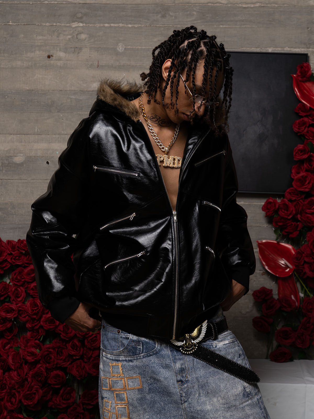 Multi-Zip Fur Hooded Leather Jacket