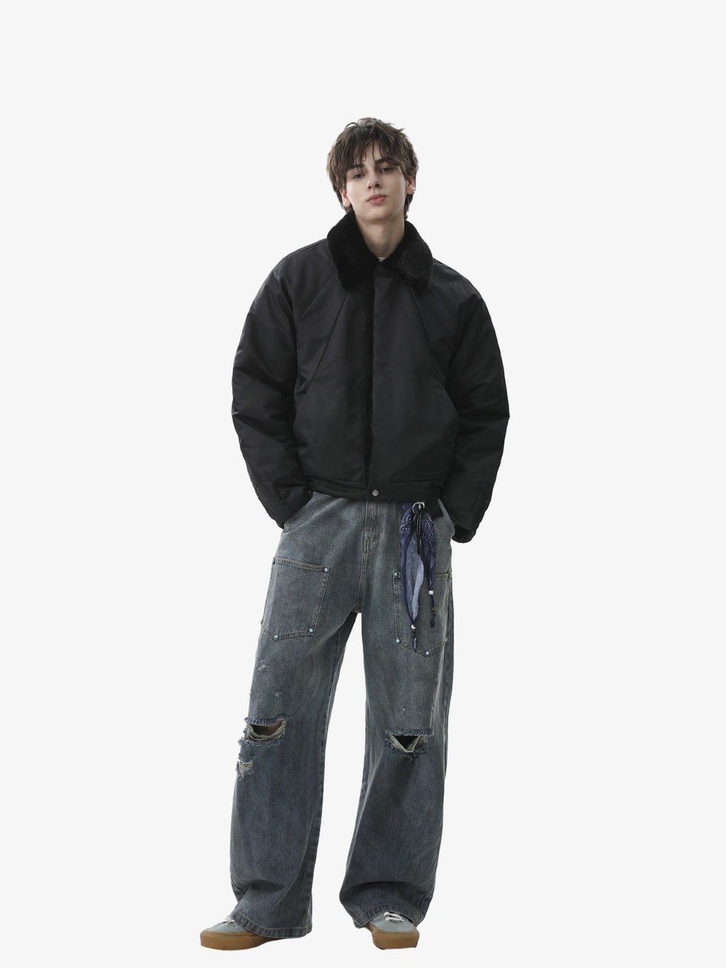 Deconstructed Patchwork Fur Collar Bomber Jacket
