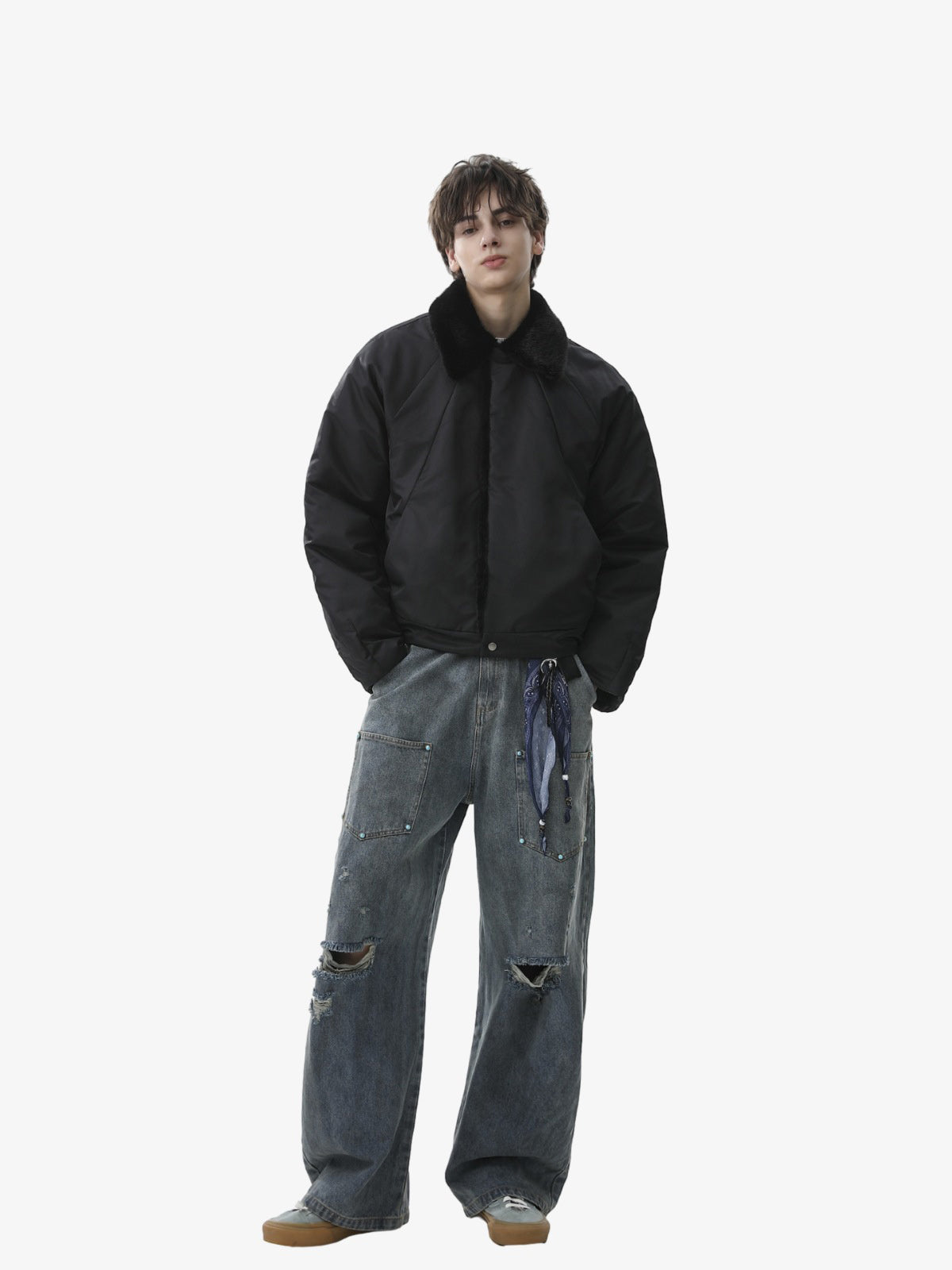 Deconstructed Patchwork Fur Collar Bomber Jacket