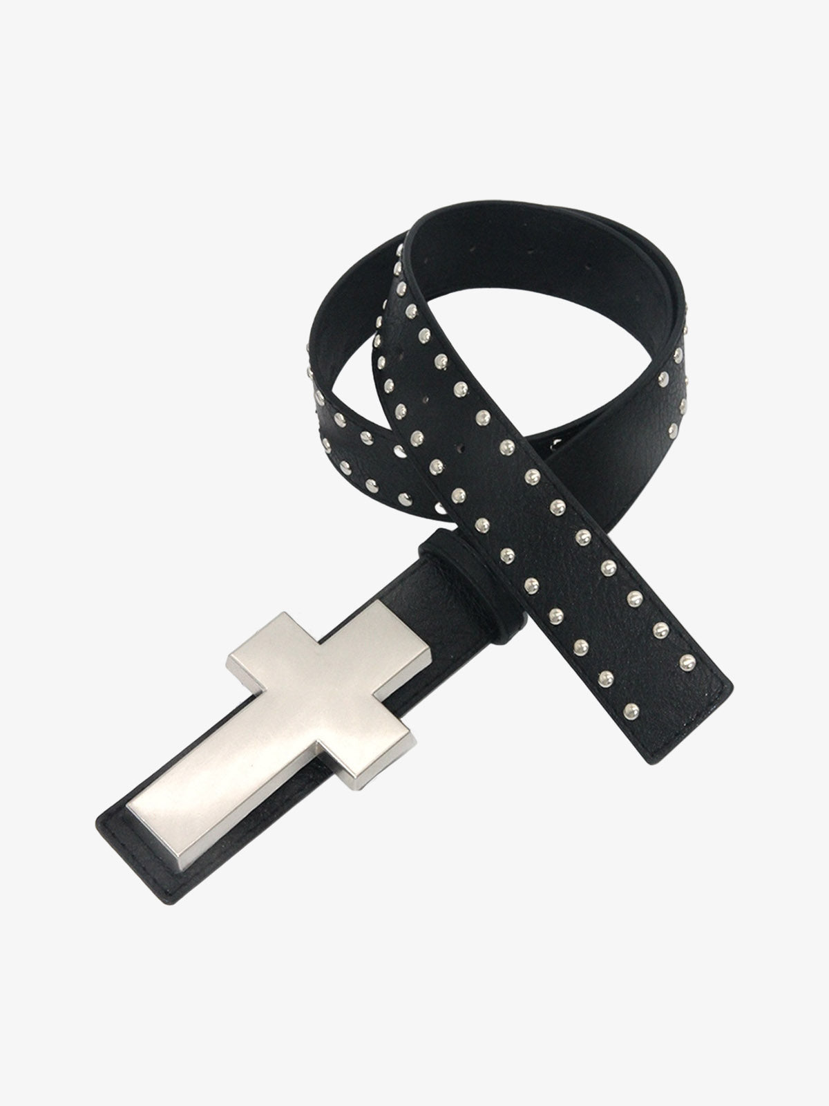 Cross Buckle Studded Black Leather Belt