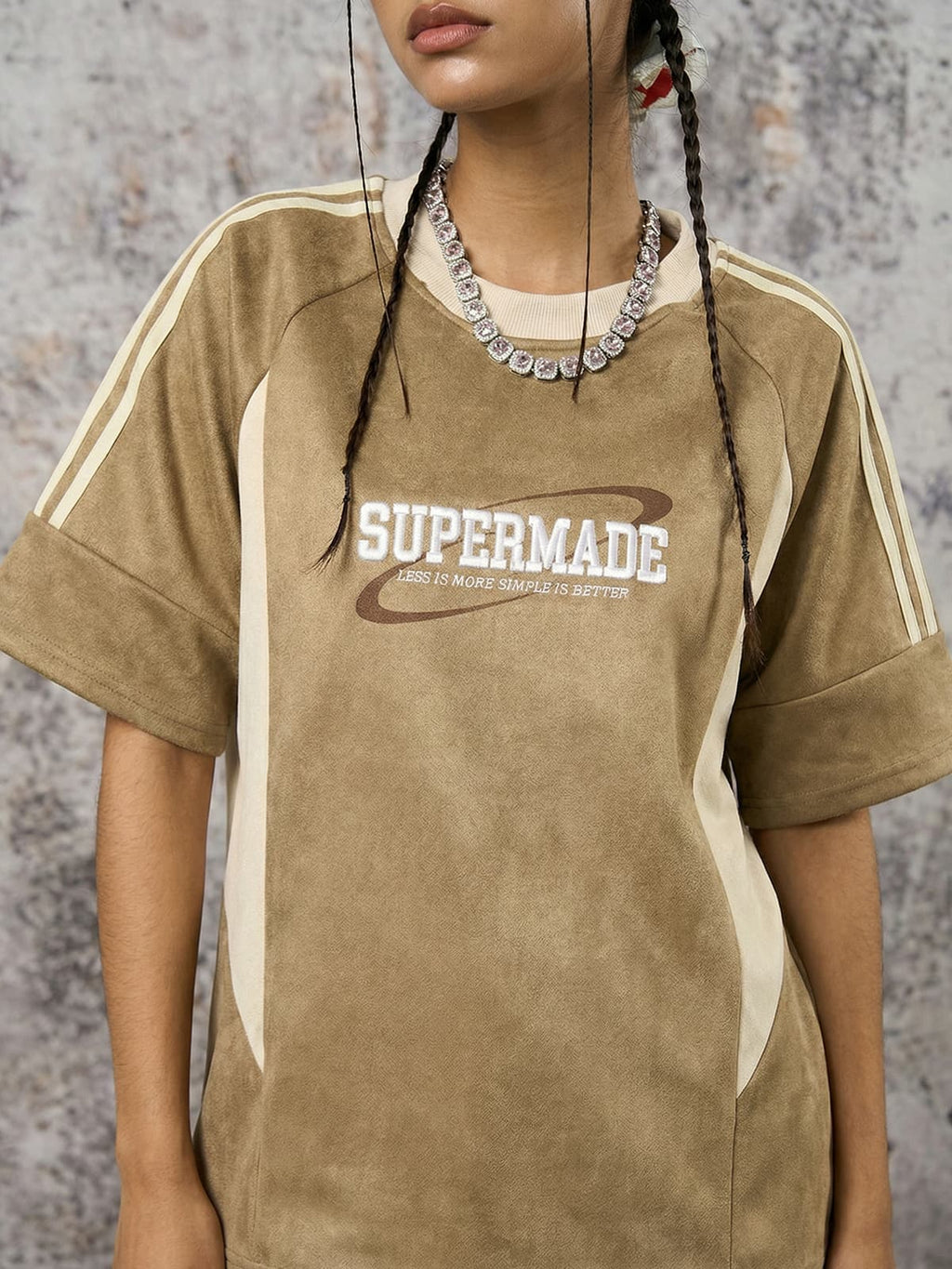 Suede Contrast Color Spliced Letter Embroidery Oversize T-shirt - 2462