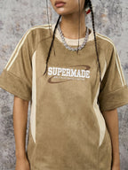 Suede Contrast Color Spliced Letter Embroidery Oversize T-shirt - 2462