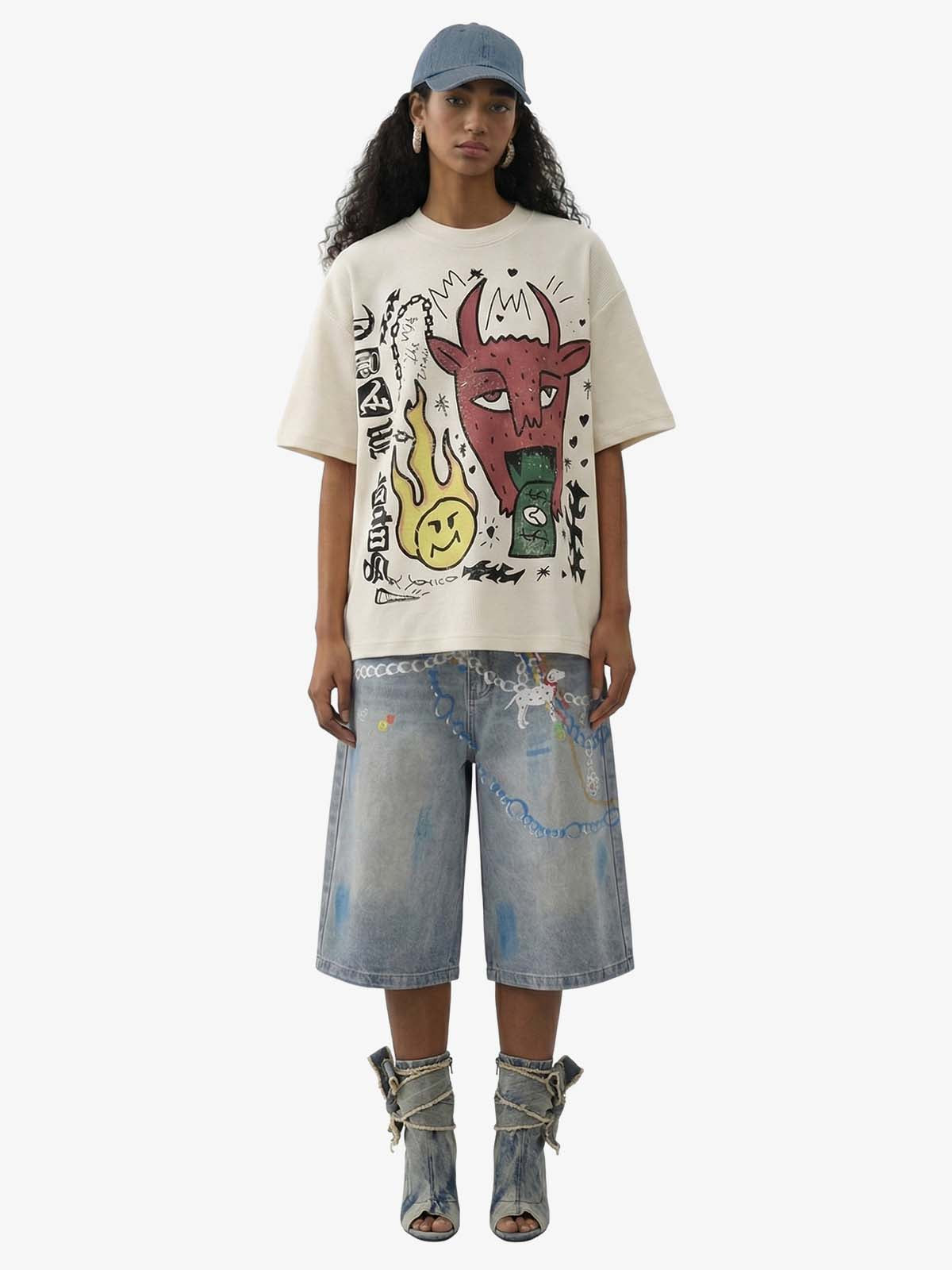 Waffle Knit Graffiti Devil Graphic Oversized T-Shirt