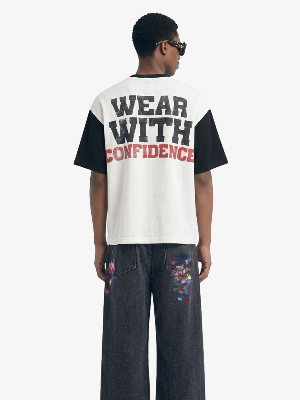 Heart Slogan Graphic Contrast Sleeve Waffle Knit T-Shirt