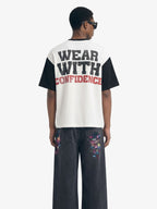 Heart Slogan Graphic Contrast Sleeve Waffle Knit T-Shirt