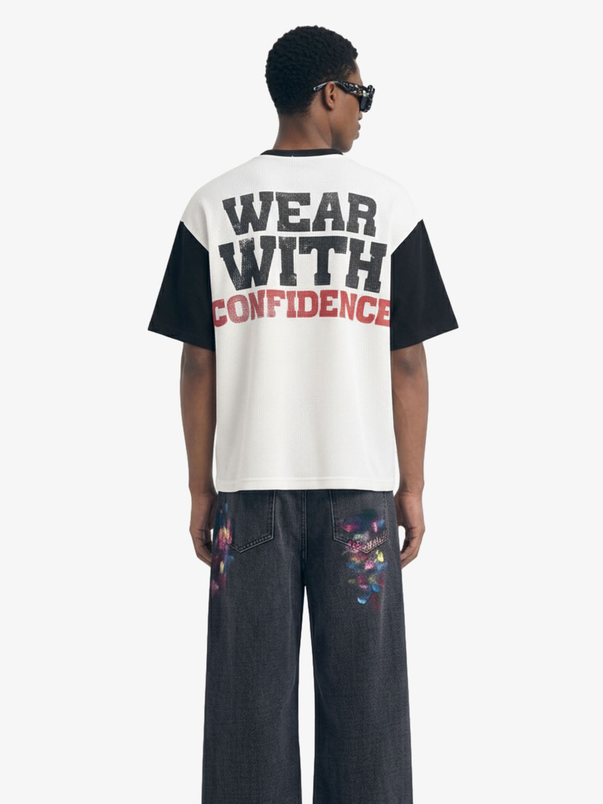 Heart Slogan Graphic Contrast Sleeve Waffle Knit T-Shirt