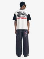 Heart Slogan Graphic Contrast Sleeve Waffle Knit T-Shirt