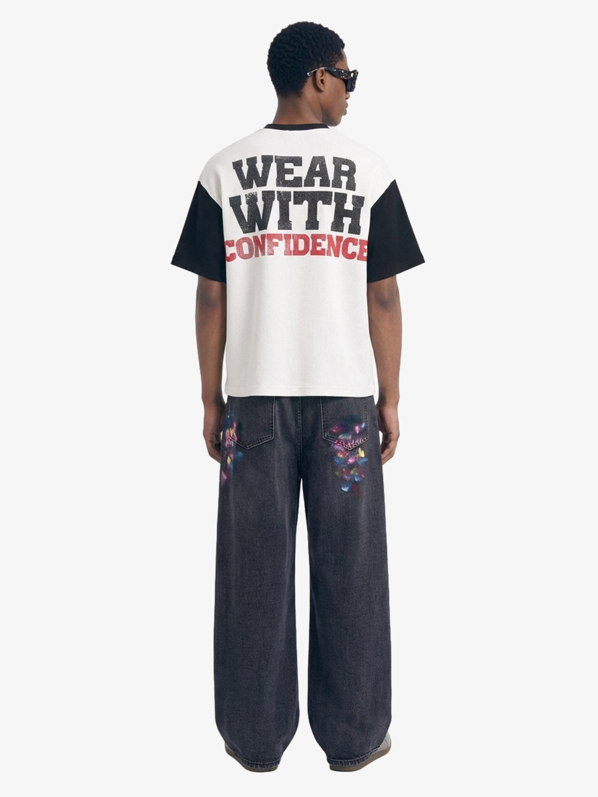 Heart Slogan Graphic Contrast Sleeve Waffle Knit T-Shirt